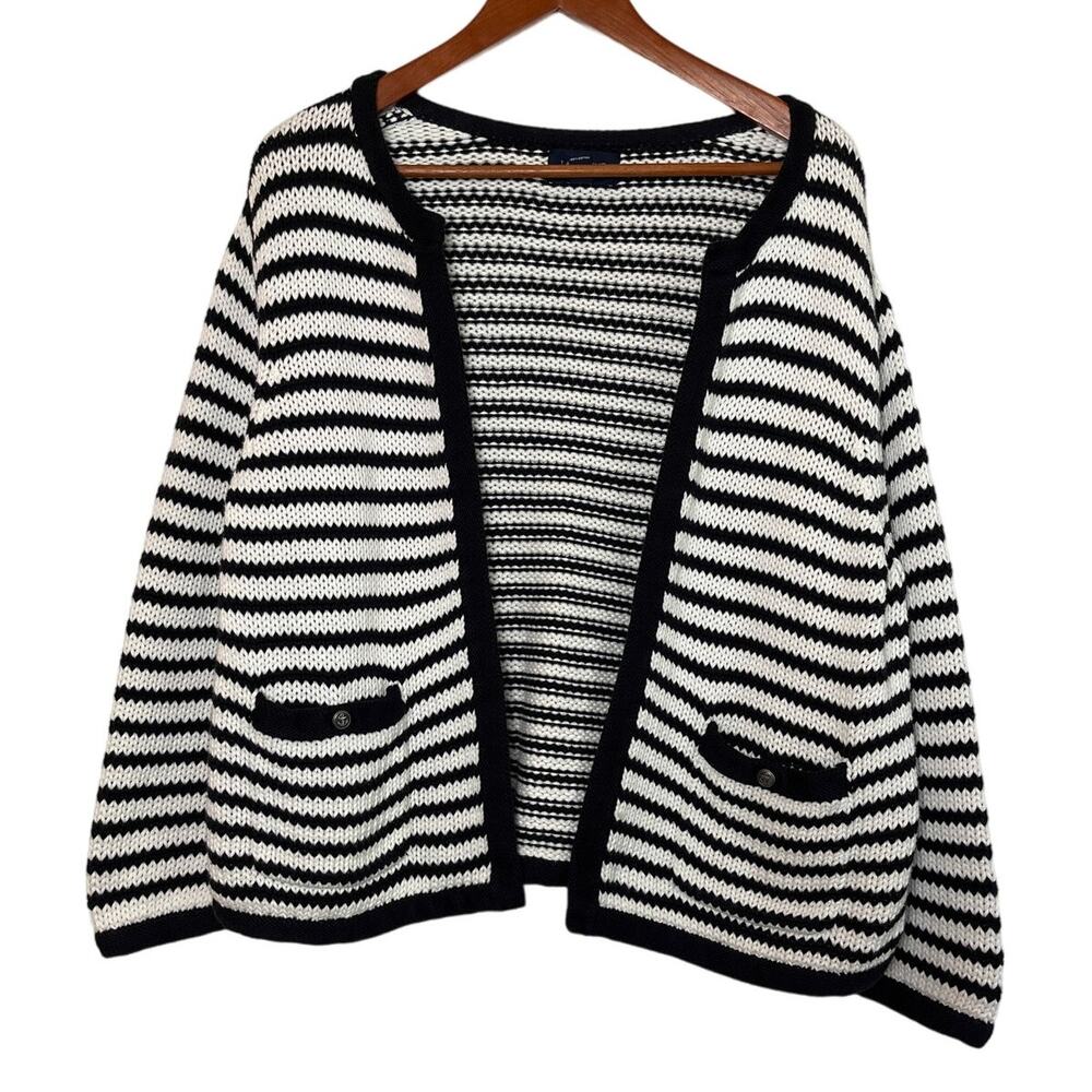 Land's End Drifter Open Front Striped Cardigan Sweater Size L Anchor Fisherman